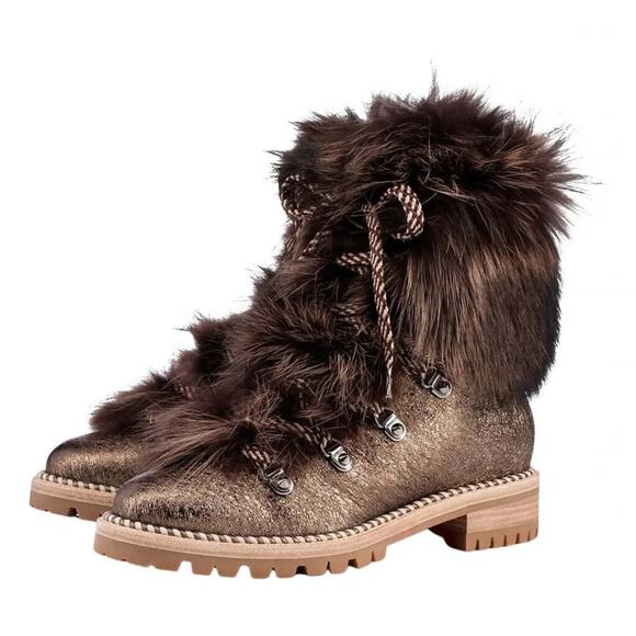 Christian Louboutin Fanny Flat Roche Fur Leather Lace Up Tie Combat Boot 37.5 - Picture 1 of 11